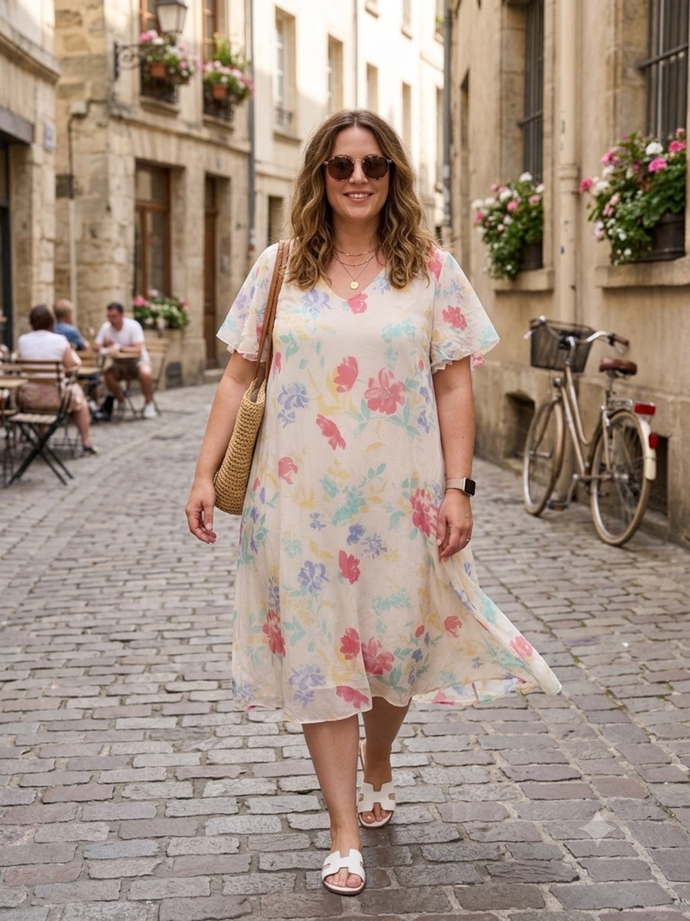 Floral Silk Blend Cream Midi Dress with Florals